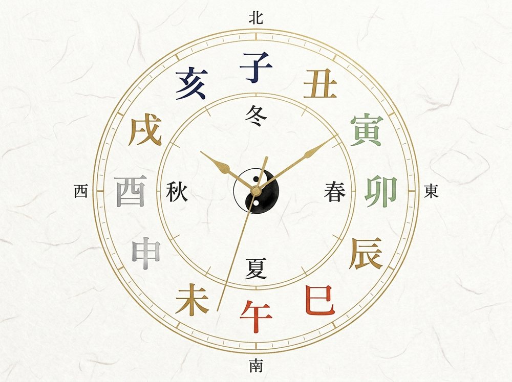 十二支を文字盤に配した時計の図。真上に子（北・冬）、時計回りに丑・寅・卯…と並び、真下が午（南・夏）。各支は五行の色で示される。